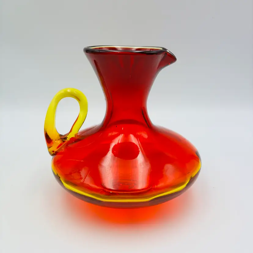 Vintage LE Smith Amberina Art Glass Pitcher Red & Yellow Handblown MCM Glows