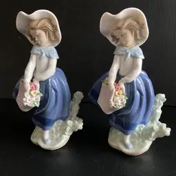 Matched Pair Lladro Pretty Pickings Girls 3D flowers in baskets Glossy Finish retired