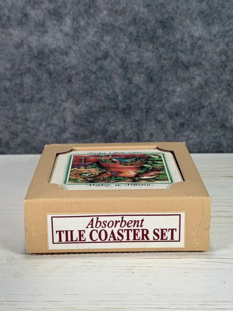 Vintage Absorbent Tile Coaster Set – “Only Love Can Make a Home” – Set of 4 – Made in USA