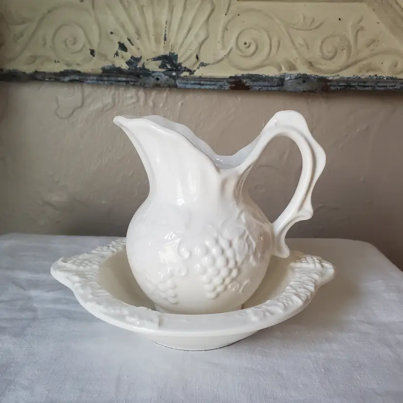 Vintage Small Pitcher & Basin Bowl With Embossed Grapes