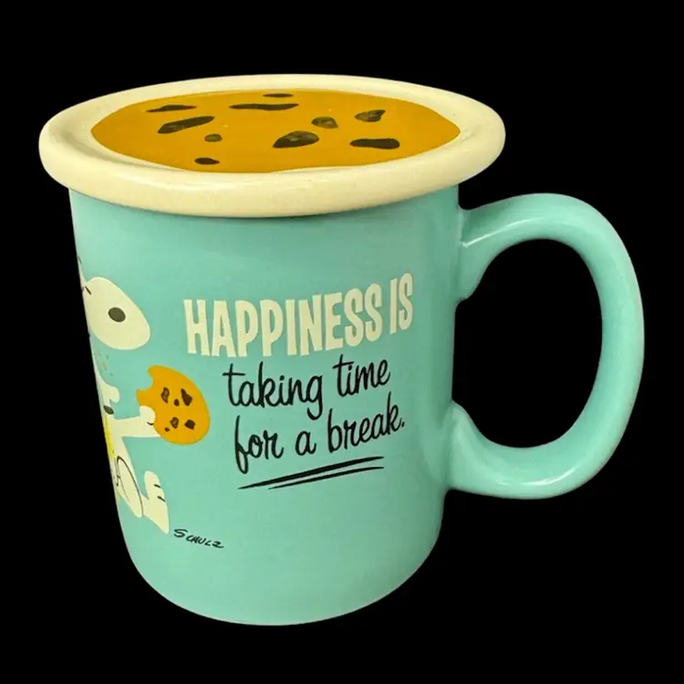 Happiness Is Taking Time For A Break Mug Cup Coffee Tea Snoopy Woodstock Cookie Lid