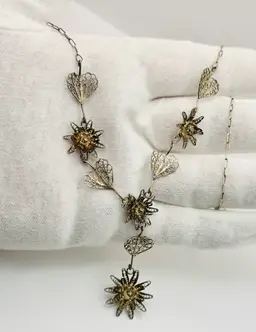 Victorian 800 Silver Filigree Dainty Necklace 15.5” Y Drop Floral 1890s