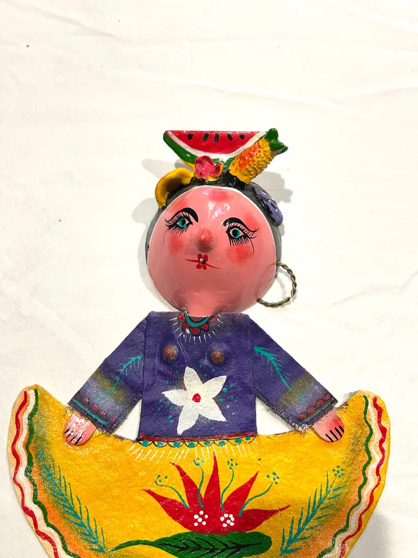Vintage Hand Painted Mexican Folk Art Lady 16”x 11”
