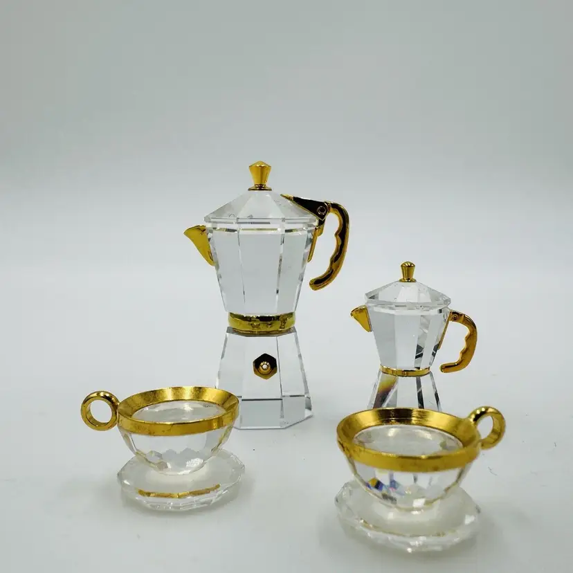 Swarovski Espresso Coffee Machine Miniatures & Tea Cups 4 Pieces Rare 1.5in Set
