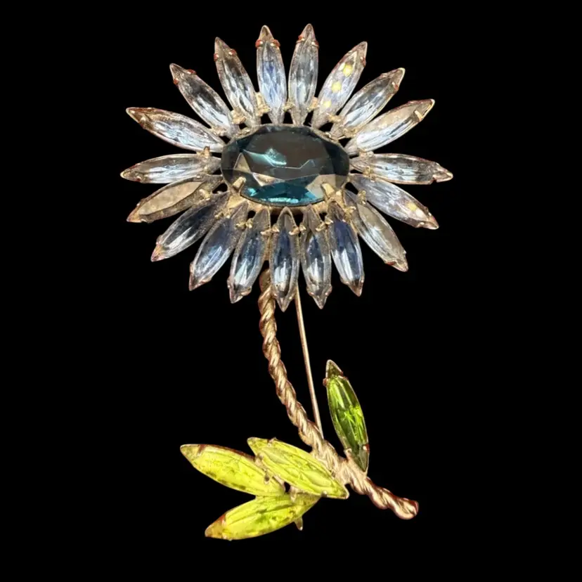 vintage pale blue open back rhinestone cab long stem flower brooch- Beautiful!