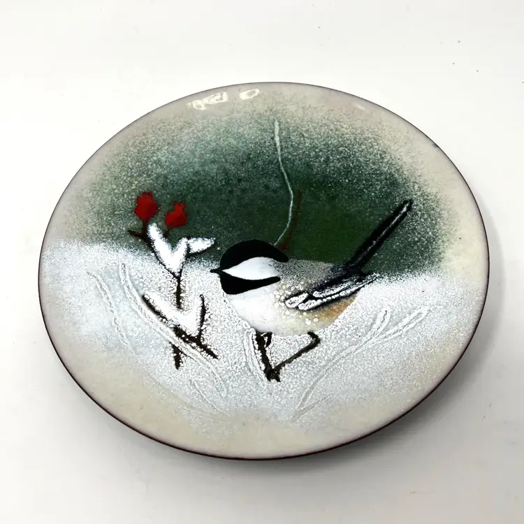 Vintage Norman Brumm Enamel on Copper Decorator Plate, Chickadee Winter Berries, 6" Wall Art