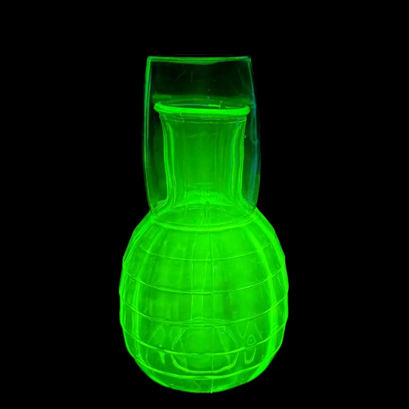 Vintage Anchor Hocking Block Optic Uranium Glass Bedside Carafe Tumble Up Set
7” T x 4” W