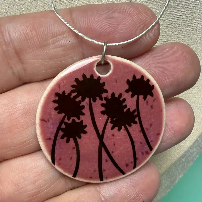 Dotti Potts Porcelain Jewelry 17" Floral Disk Silver Tone Necklace Made in Canada