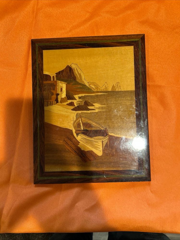 Inlaid Marquetry Landscape Scene Vintage Mid Century 9 X 11
