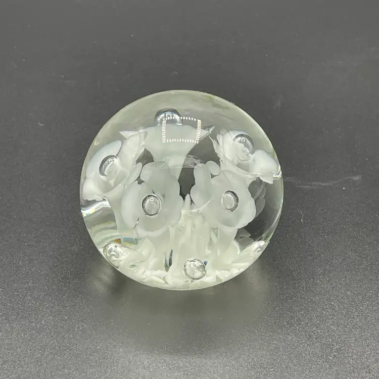 Joe Rice Clear Glass Trumpet White Flowers Paperweight
