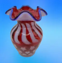 Fenton Stars And Stripes Cranberry Vase, 5-1/2” Tall x 4” Wide