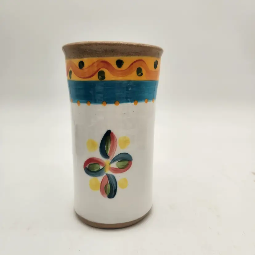 Hand Thrown Stoneware Tall Mug Colorful Floral Folk Art Pottery Signed Tarshis