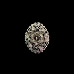 Vintage Silvertone Oval Shape Filigree Floral Rose Brooch. With Clear Glass Rhinestones And Beautiful Scalloped Border.