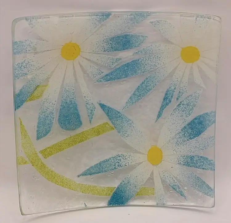 Fused Glass Trinket Dish with Daisies, Blue/White/Yellow/Green, 6.25” Square