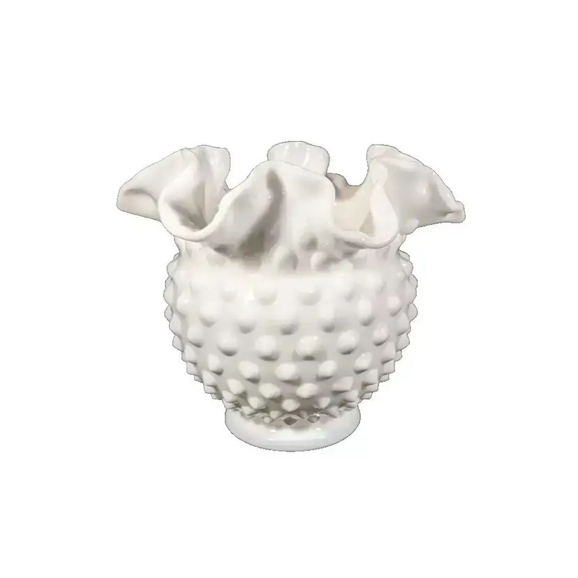 FENTON WHITE MILK GLASS HOBNAIL 4 1/2" ROSE BOWL VASE RUFFLED CRIMPED EDGE