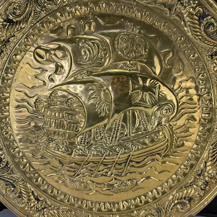 Vintage Embossed Brass Plate Galleon Ship Wall Décor 25"