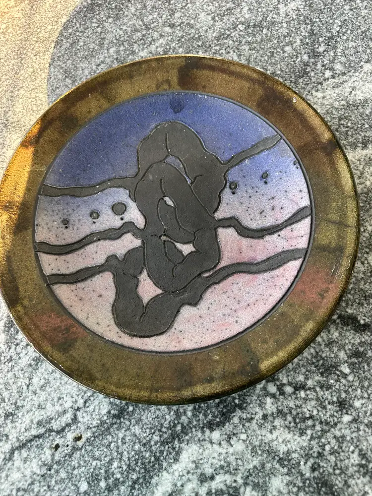Raku Studio Pottery 12" Round Wall Hang or Decor Bowl Figural Motif Artist Signed