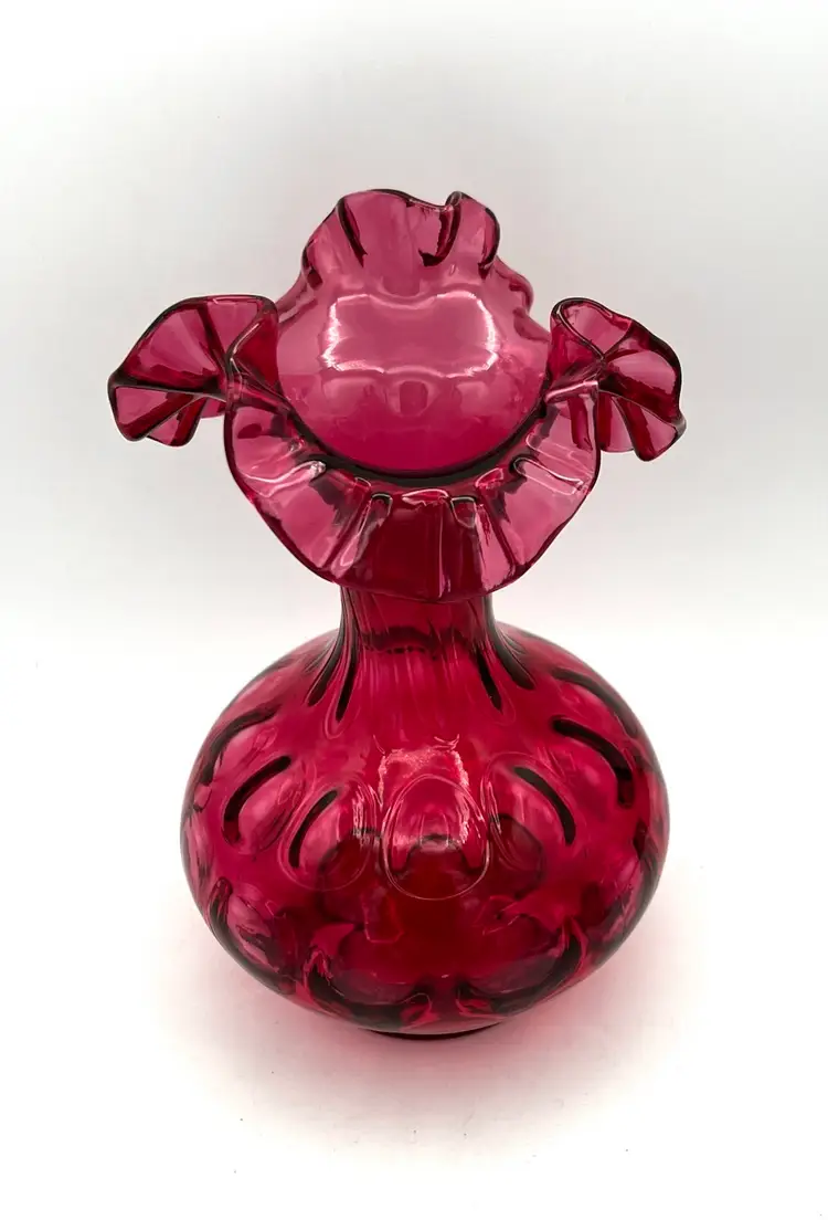 Fenton Rich Cranberry Coin Dot Ruffled Vase 8.5” Tall