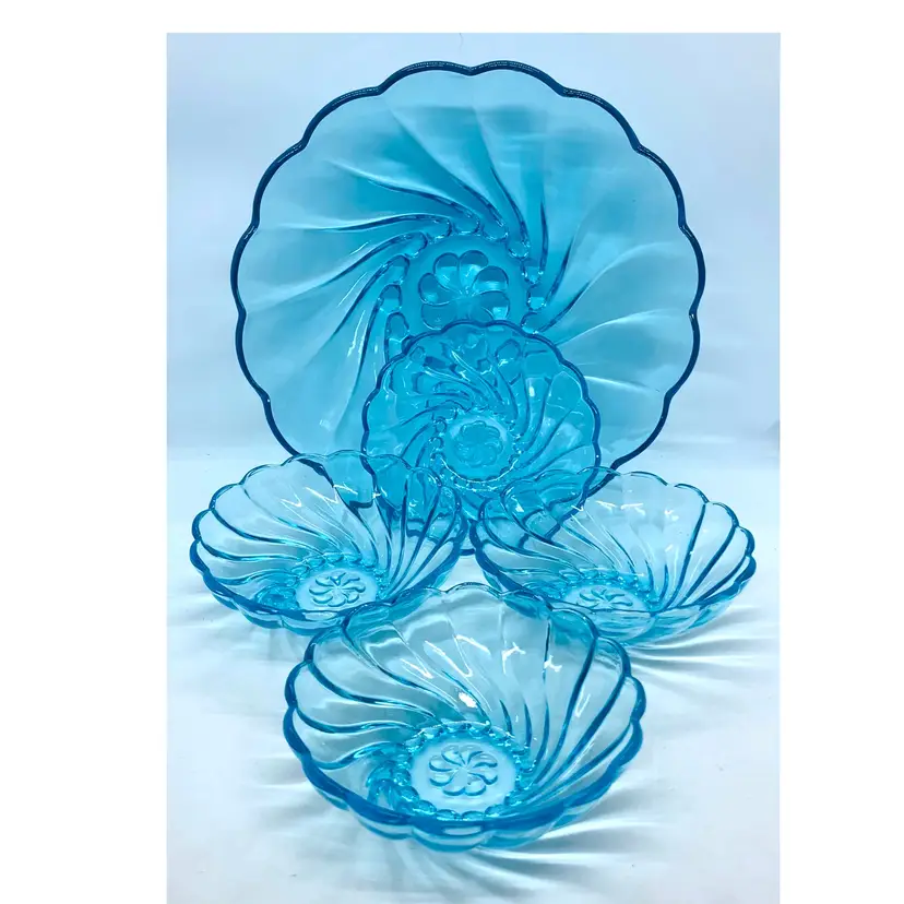 Hazel Atlas Capri Seashell Turquoise Aqua Blue Round Bowl & 4 Fruit Bowls
