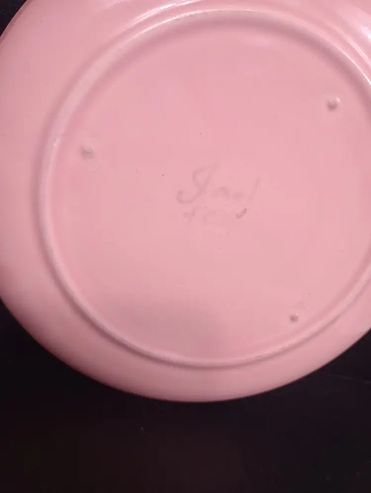 Vintage 2 piece set of Jaska of California Mid Century 1950s Pink/Brown Drip 7 in plates $