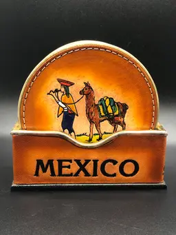 Leather Coaster Set Made In Mexico Inca Llama Hand Stitched 4” Diameter