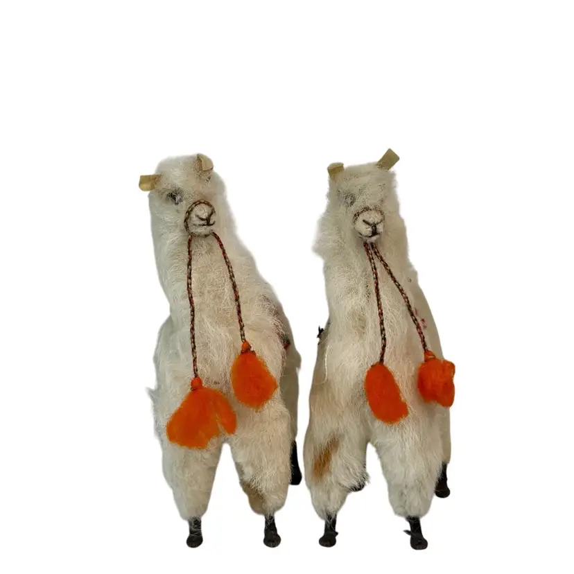 Two Lama Figurines Handmade With  Llama Alpaca Wool Plush Folk Art Toy Ivory Brown Spots & Blankets
6-1/2” T x 3” L