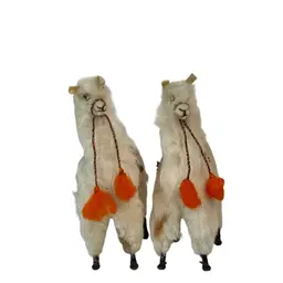 Two Lama Figurines Handmade With Llama Alpaca Wool Plush Folk Art Toy Ivory Brown Spots & Blankets
6-1/2” T x 3” L