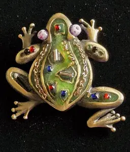 Vintage Unique Green Enamel Frog Multi Media Brooch Pin • 2"