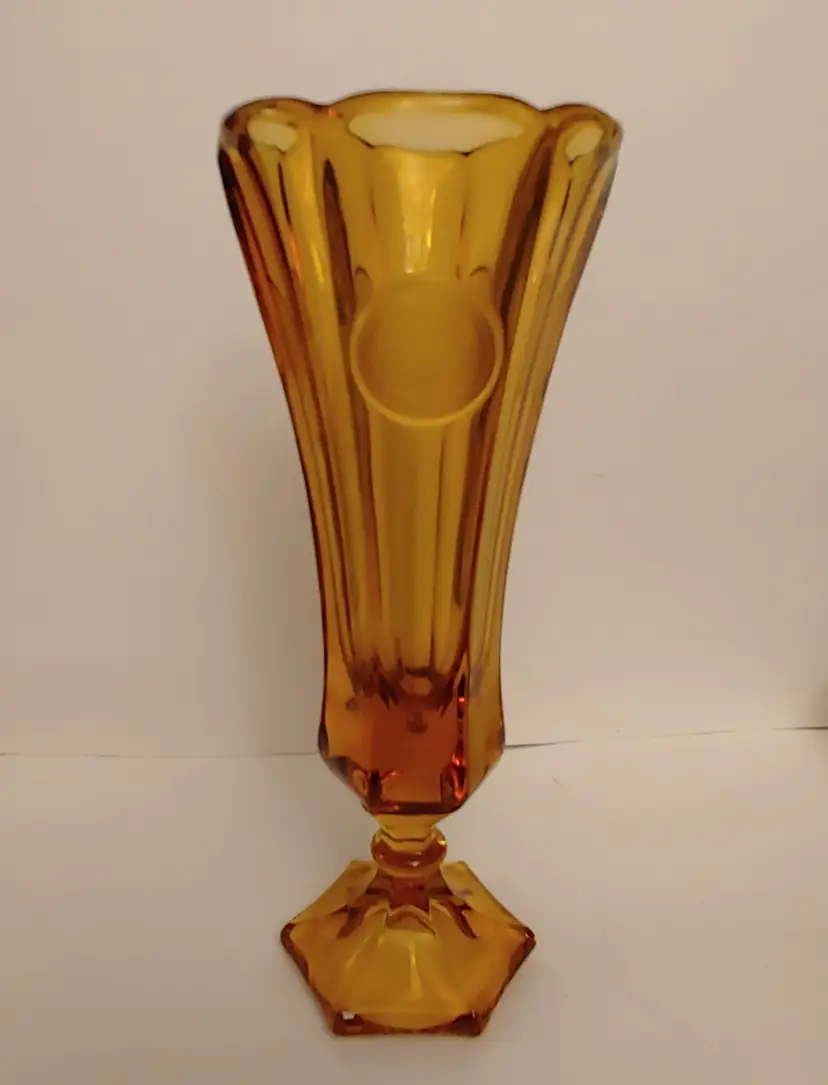 Vintage Fostoria Amber Coin Glass Vase. 8 inches high. No chips or cracks.