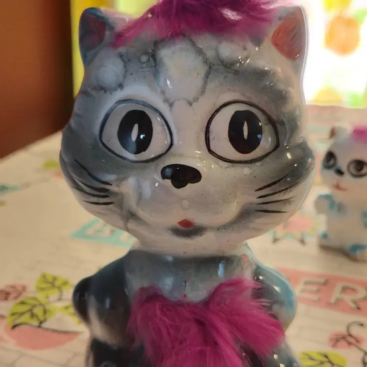 Vintage Blue Cat Figurine Family | Fantastic Dime Store Kitties | Flaming Purple Fur | 1960s Made in Japan