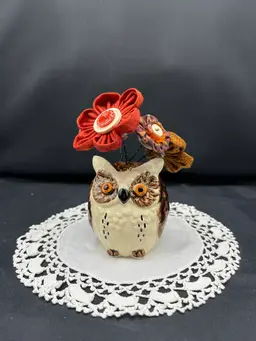 Made By Me Fabric And Button Flowers In An Owl Shaker (made In Japan) 5” X 3”