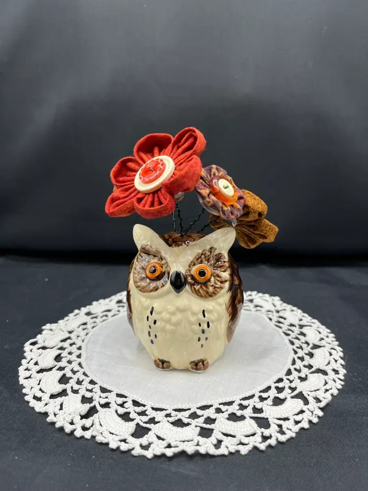 Made By Me Fabric And Button Flowers In An Owl Shaker (made In Japan) 5” X 3”