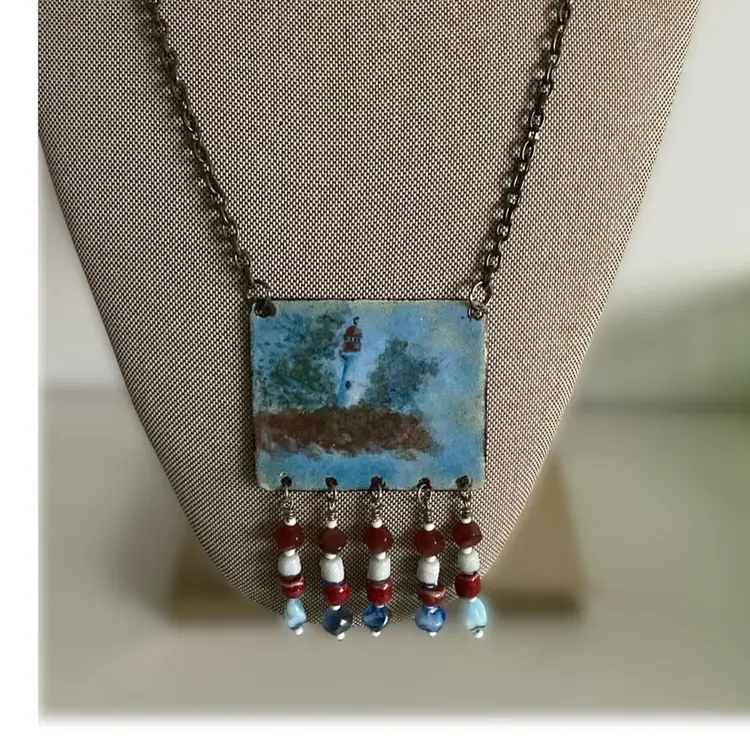 1970’s Artisan Copper Enamel Lighthouse Pendant Necklace With Handmade Glass Beads