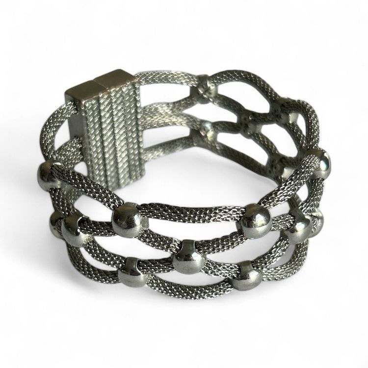 Fine Rolled Silver Tone Mesh Lattice Bracelet Wide Magnetic Clasp - Untested