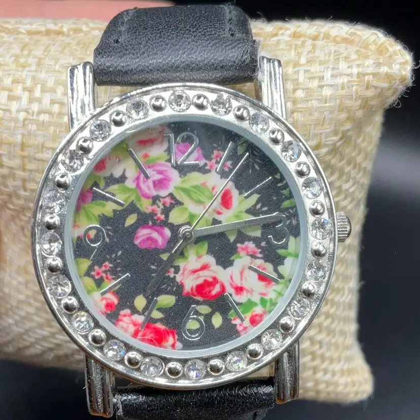 Silver Tone Floral Dial Clear Rhinestone Black Band Watch