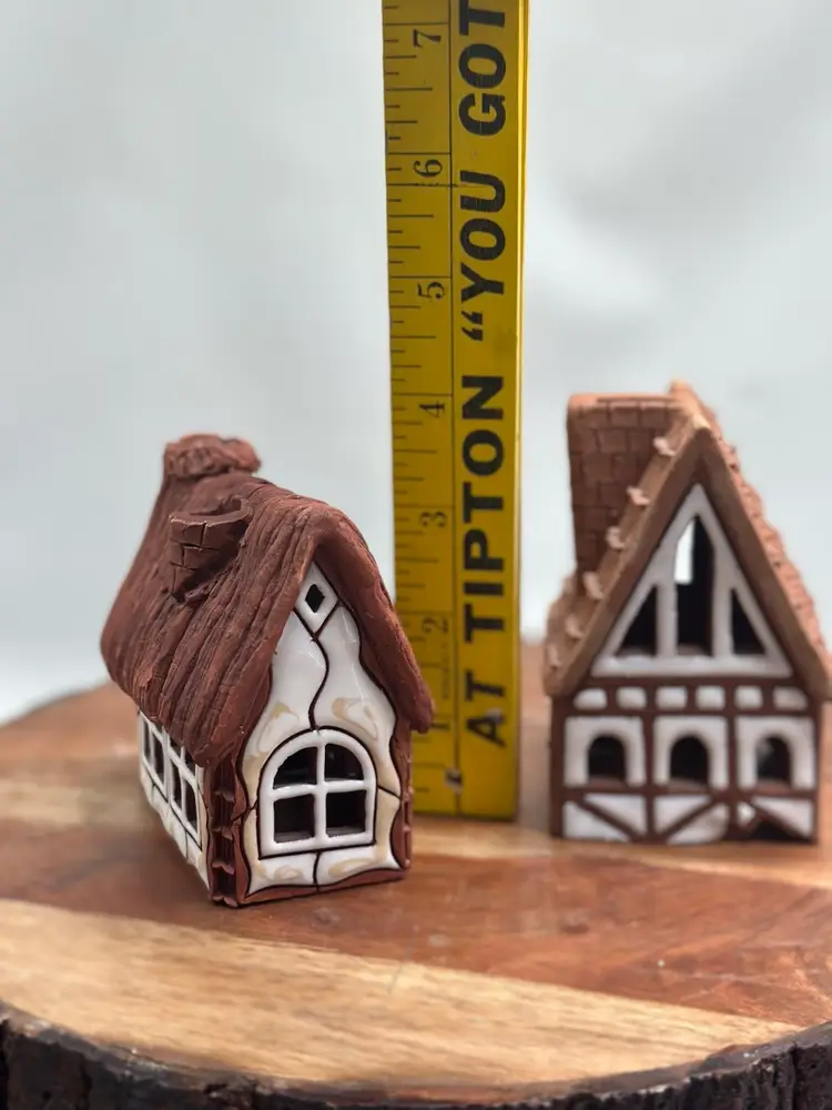 Lithuanian Clay Pottery 2 Houses Tea Fairy Light Cottage Folk Art