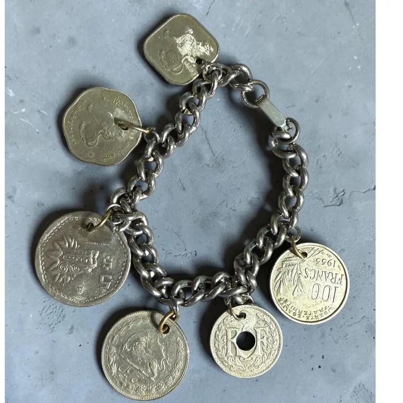 Arctic Angel Original- Heavy 2 oz. Silver Tone Handmade 8 Foreign Coins Bracelet 7”