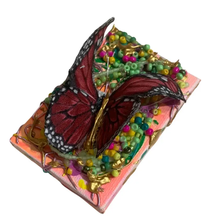 #05 Study 📚 #4 Gorgeous Made By Me Sustainable Art Mounting Of Faux Red Butterfly 🦋 On Tiny 2.5” By 3.75” Stretched Canvas Frame UV Reactive Glowy