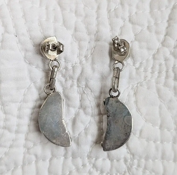 Vintage Dangly Sterling Silver Crescent Moon Earrings in Mother of Pearl and Onyx