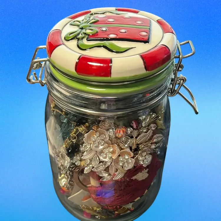 Jewelry Jar, Christmas Candy Jar Filled With Vintage And Modern Wearable Jewelry. Earrings, Bracelets, Hair Accessories, Keychains,Necklaces, Pins, Some Brand New With Tags , 3 Pounds. Great Christmas Gifting Pieces