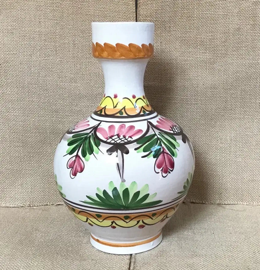 Hand Painted Bulbous Shabby Floral Vase Folk Art Pottery Cottage Core Colorful
