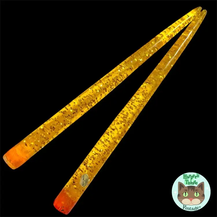 Golden Amber Yellow Glitter Lucite Candle Pair ~ 11 Inch No Wick