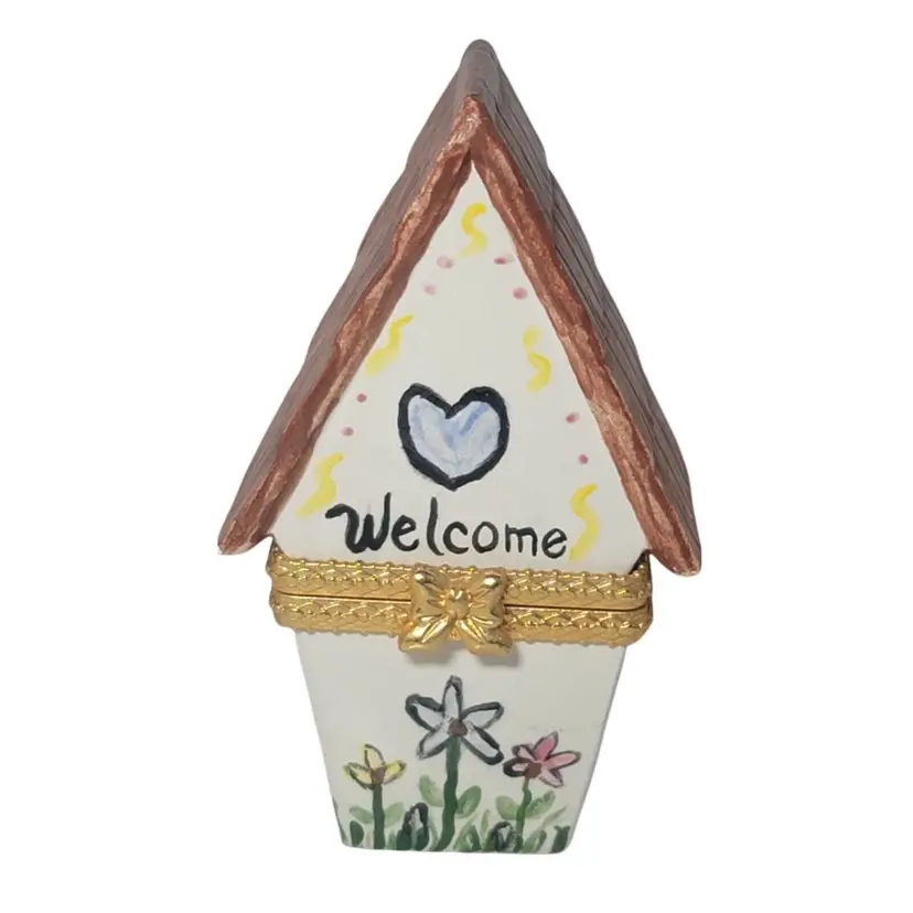 Vintage Porcelain House Shaped Hinged Trinket Pill Box Handprinted Flowers 4"