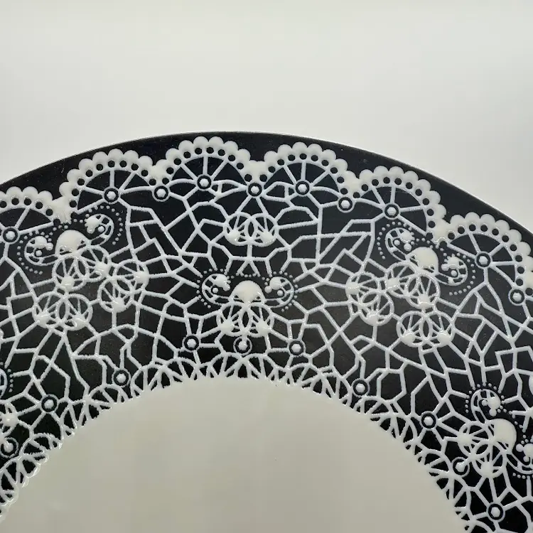 Morelia Ceramic Cake Plate Platter Black White Lace Crate and Barrel 11.5"