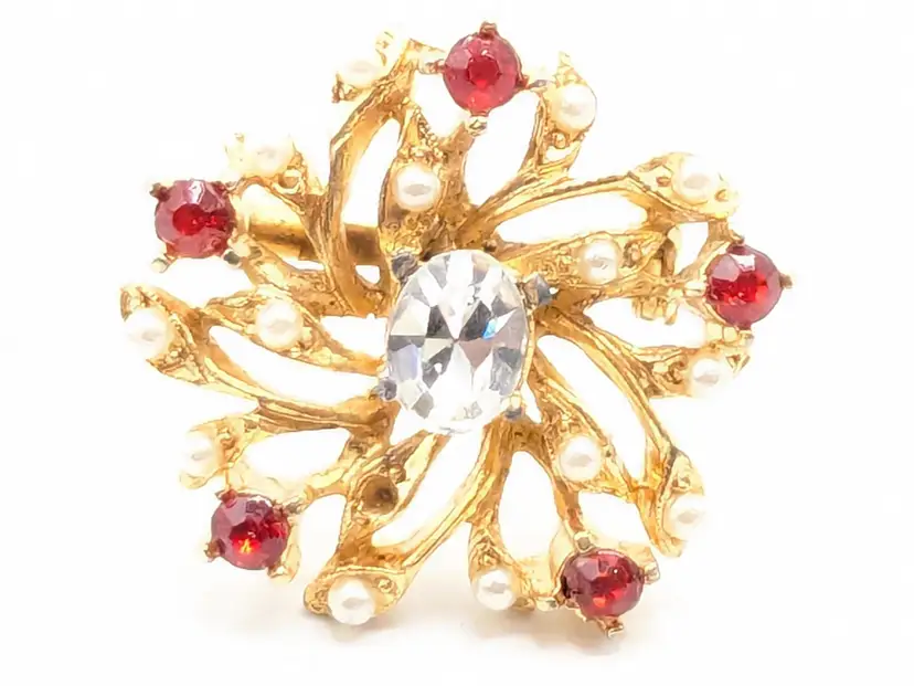Vintage Gold Tone Floral Brooch with Red and Clear Rhinestones and Faux Pearls