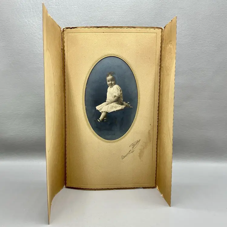 Antique Smiling Baby Girl Child Portrait Photo Lacey Dress Maryjane Shoes