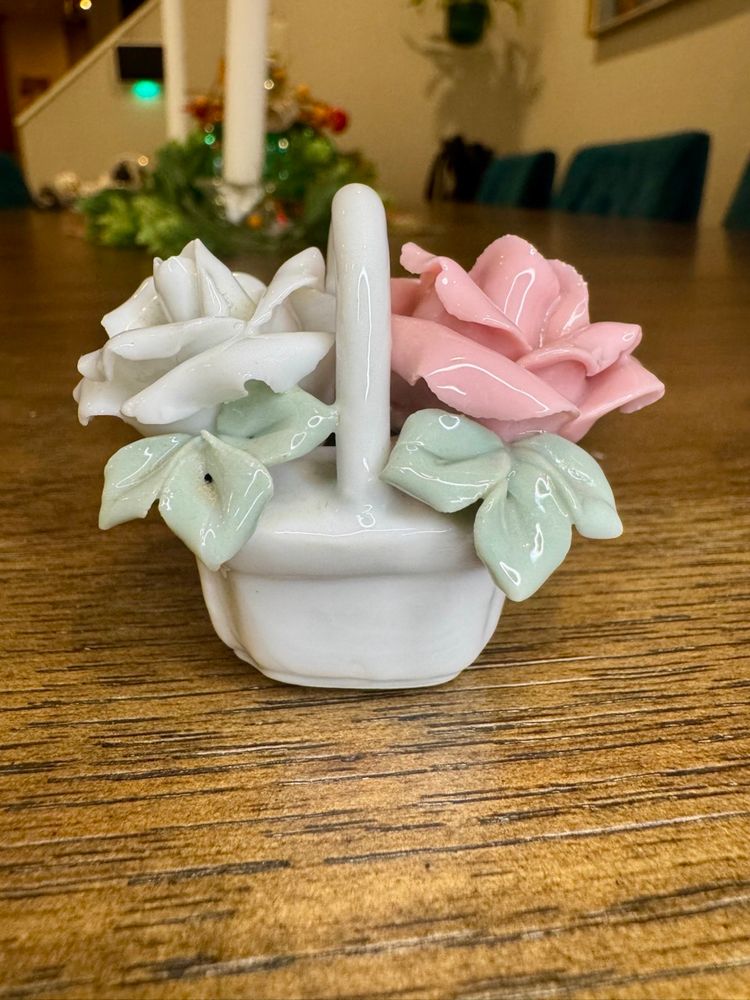 Mini Silvestri Mini Porcelain Basket with white and pastel pink roses, 2” Tall