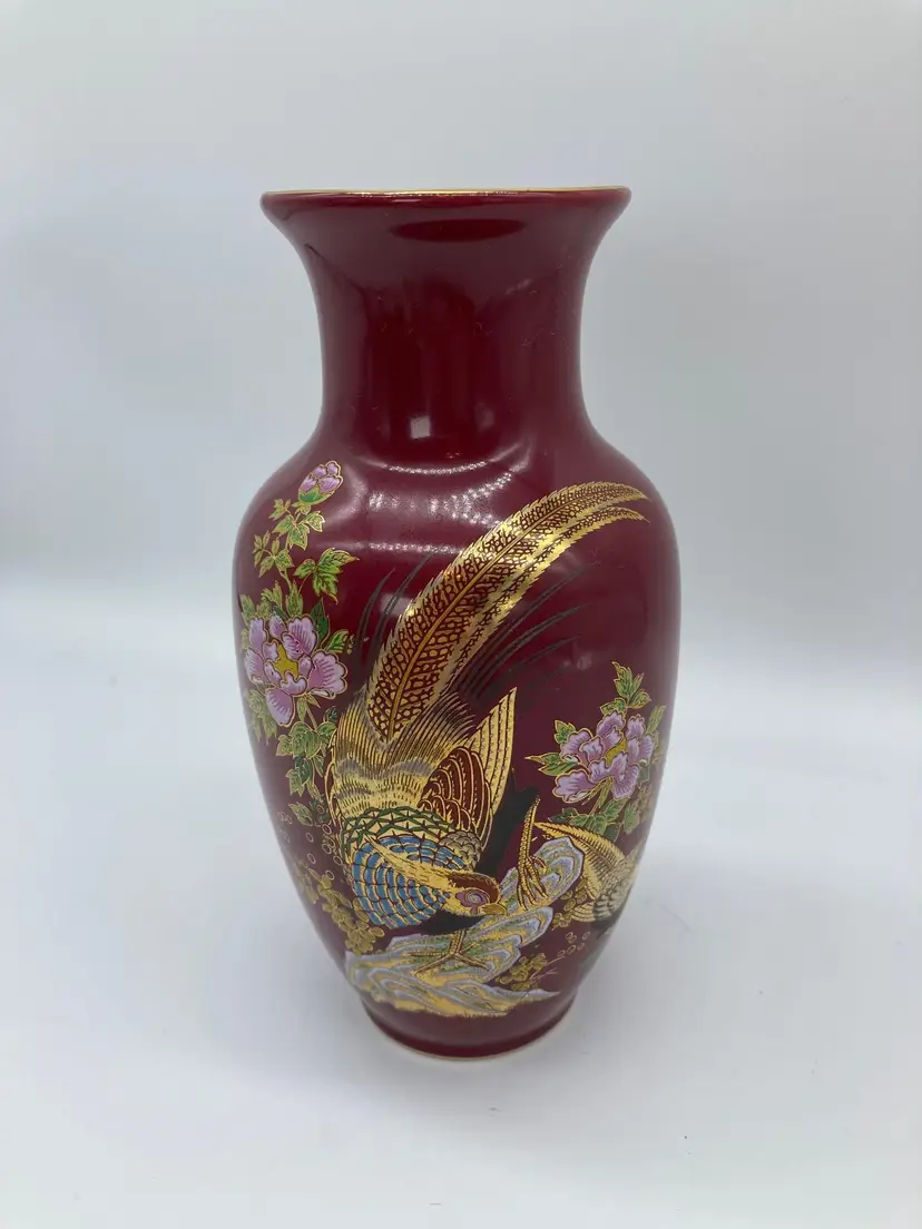 VTG Japanese Maroon Porcelain Hand Painted Peonies Peacock Gilt Gold  VASE