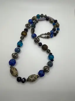Handmade Tribal Style Carved Wooden & Glass Bead Necklace, Blue & Silver Toned