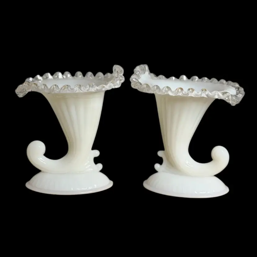 Pair Of Fenton Candle Holder/Vase Silver Crest Translucent Milk Glass Cornucopia #951 Ribbed Sides No Logo Silver Crest Glows
6-1/4” T x 5” L x 5-1/4” W